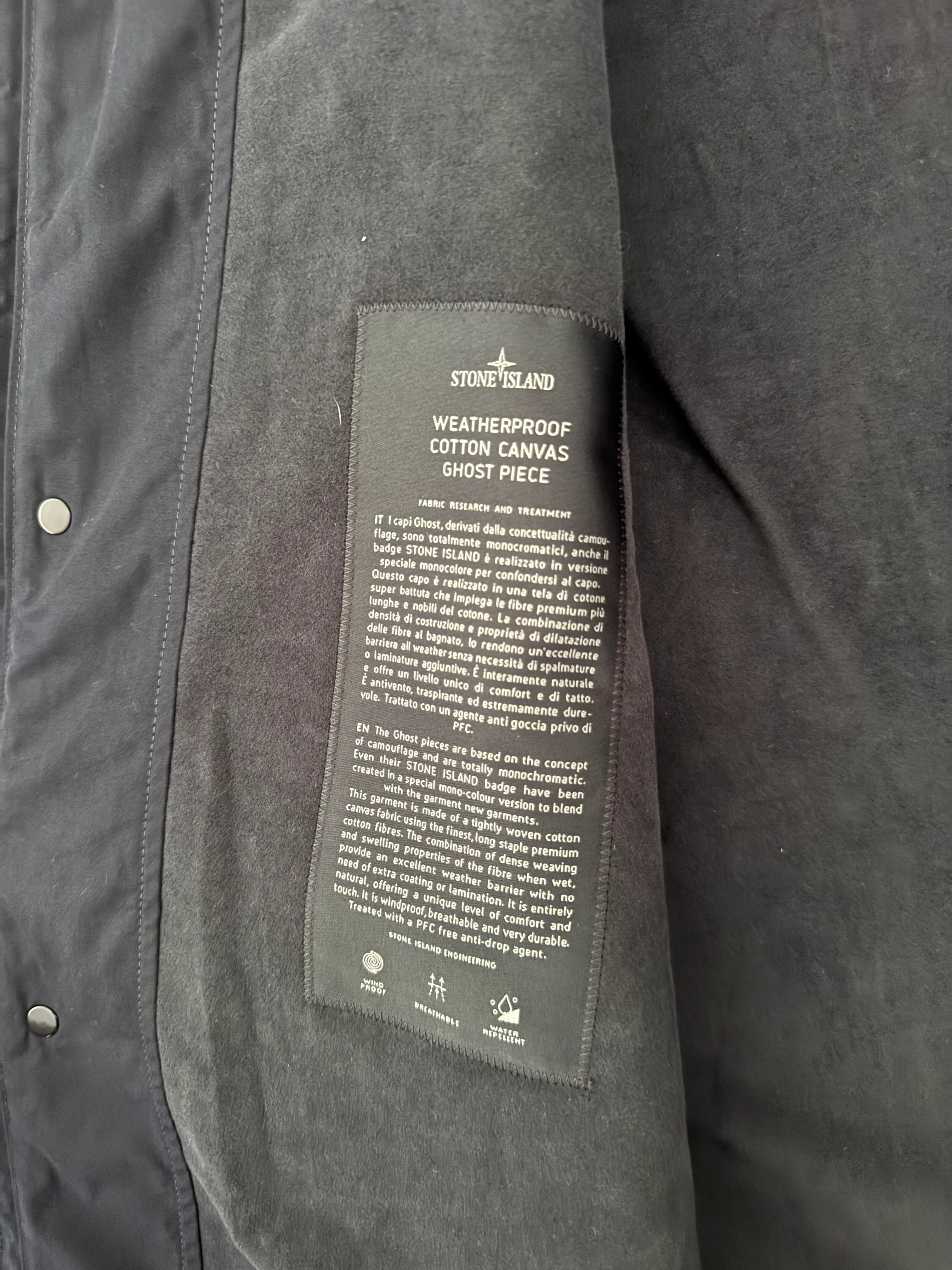 Stone Island 'Weatherproof Cotton Canvas Ghost Piece' Navy Long Jacket - Large - Image 5